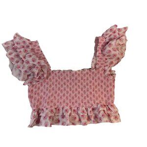 Love Shack Fancy Women's Floral Print Puff Sleeve Crop Top Pink Size XL NWT NEW